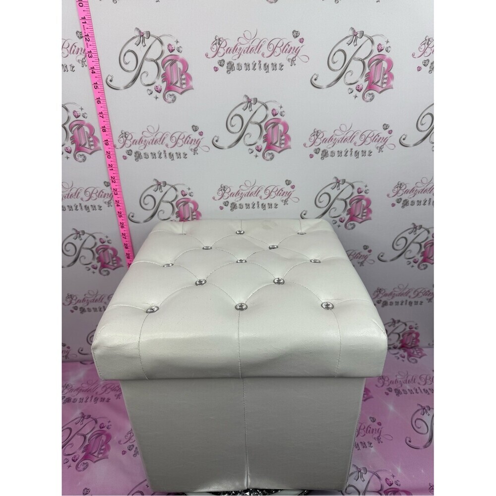 Bouclair storage Elegant White Tufted Storage Ottoman with Crystal Buttons  bin